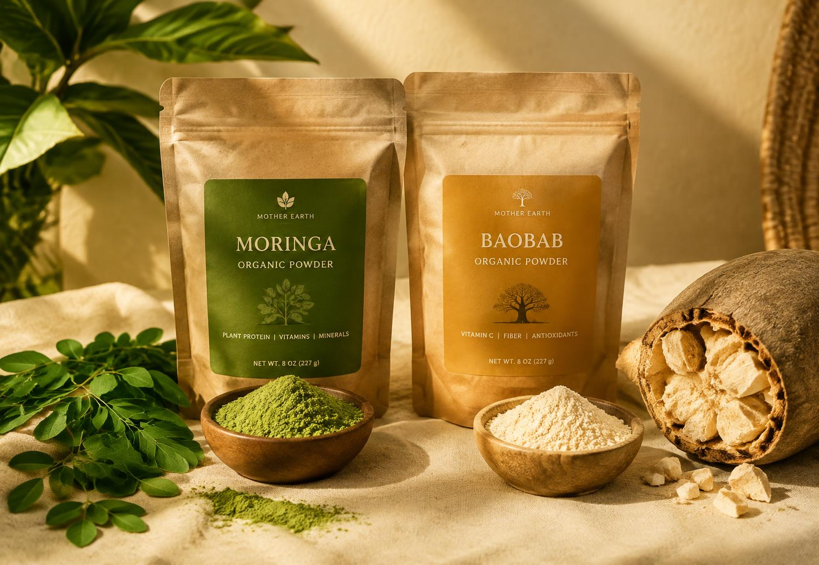Moringa and baobab powder pouches